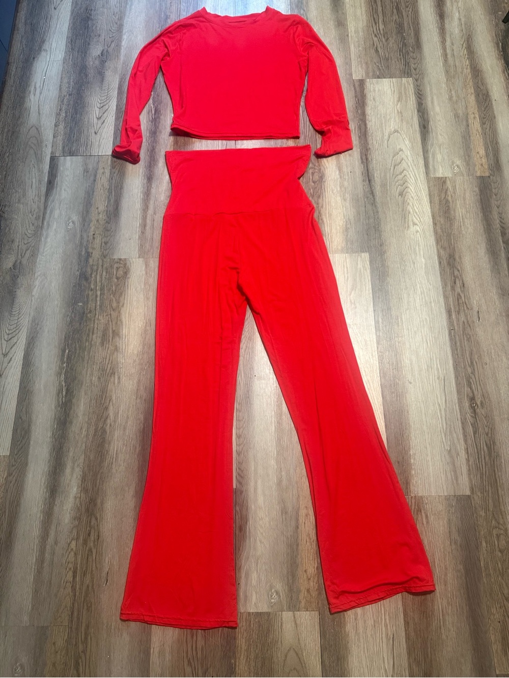 Red Womens Two-Piece Long Sleeve Crop Top & Flare Pants Set